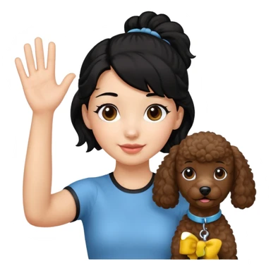 Ponytail black hair girl with brown Poodle say goodbye  sticker