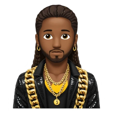 Omarion with long dark brown hair, black sequin jacket, shirtless with necklace sticker