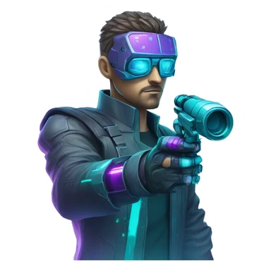 Secret human agent with  cyberpunk elements with a spyglass scanning looking reviewing multicolor lines of code, cyan and purple colors, only upper body portrait sticker