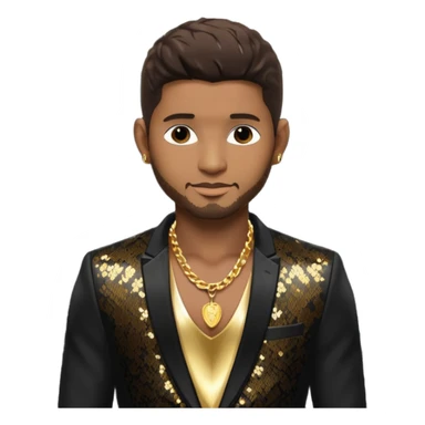 Usher with dark brown hair, black sequin suit jacket, shirtless with necklace sticker
