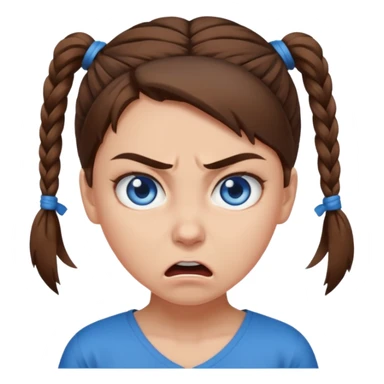 girl with blue eyes, brown hair tied up, angry sticker