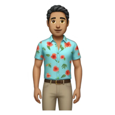 white man with dark hairs with a flower shirt and a red pant sticker
