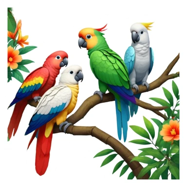Close-up collage of vibrant Ara parrots and Inca cockatoos sitting on tree branches, surrounded by lush greenery. Bright colors of the birds stand out against a natural, sunny background of trees and flowers. Transparent background. sticker