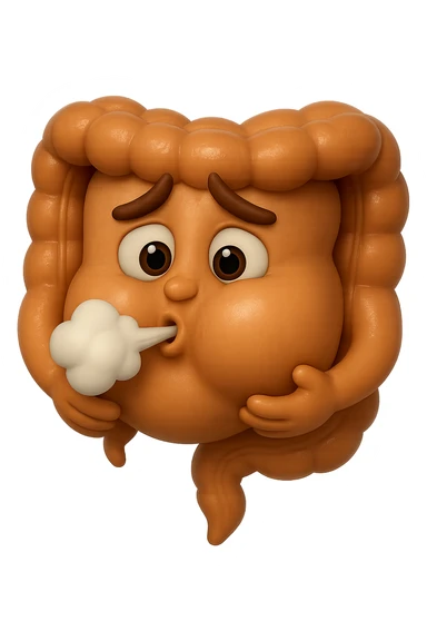 emoji stile iphone di un intestino che ingoia una nuvoletta di aria ben visibile e gli si gonfia la pancia, iperrealistico 4k sticker