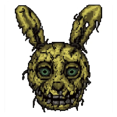 Make the close-up Springtrap face look even more broken, with extra cracks, missing pieces, and more exposed metal in pixel art style. Remove background. sticker