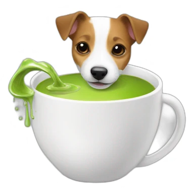 A jack russell drinking matcha tea from a cup sticker