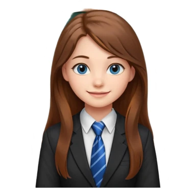high school class room with a pretty female high school student with long brown hair, blue eyes, wearing a tie, sitting in front of the blackboard sticker