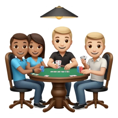 A 3D cartoon poker table with cards, chips, and smiling players, soft lighting, Memoji-style. sticker