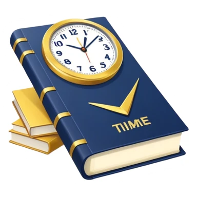 A navy blue productivity book with gold details, running clock and chart with upward trend aura, radiating productivity, strategy, and success in motion with time and happiness yellow... power in time sticker