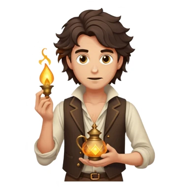 Cinematic Realistic Aladdin Portrait, depicted with lifelike, warm skin textures and a confident yet approachable gaze. His dark, wind-tousled hair frames expressive eyes full of adventure and kindness. Dressed in his iconic vest and loose trousers with intricate detailing, he holds a subtle glimmer of a magic lamp, all rendered under soft natural lighting with a radiant glow that captures his resourceful spirit. sticker