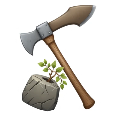 A sharp stone axe with wooden handle tied by vines.





 sticker