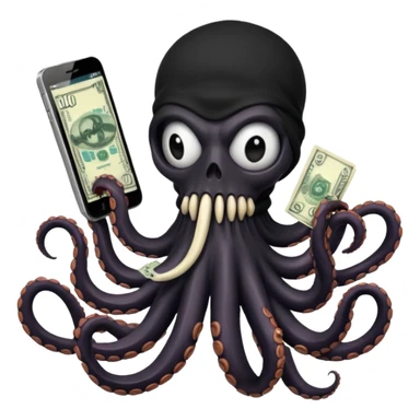 satanic octopus skeleton with scary evil eyes, wearing a black balaclava. 1 tentacle is holding a cellphone, 1 tentacle is holding a bone, 1 tentacle is holding a stack of cash. sticker