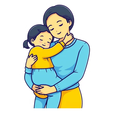 mother hugging daughter with pastel blue background and clothing sticker