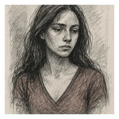 a woman with long chocolate brown hair wearing a red v-neck top, hand-drawn sketch style sticker