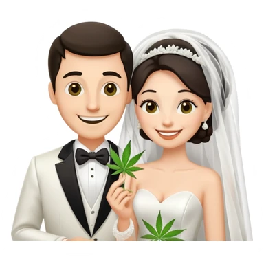 Bride in white dress and groom in tuxedo sharing a cannabis joint, cheerful cartoon wedding couple sticker