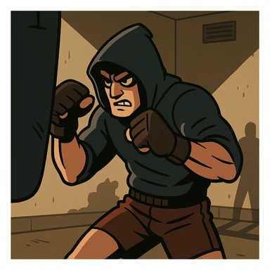 a figure training in the shadows, with a comic book style sticker