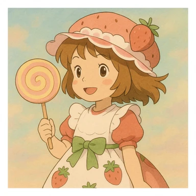 little girl in a strawberry shortcake dress, holding a candy wand, pastel background, ghibli style sticker