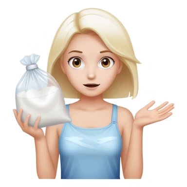 Girl shrugging holding a clear plastic bag with white powder sticker