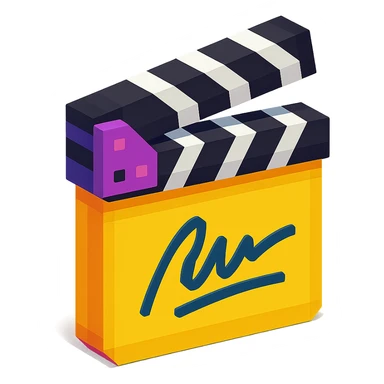 voxel style movie clapperboard with a director's signature, isometric view sticker