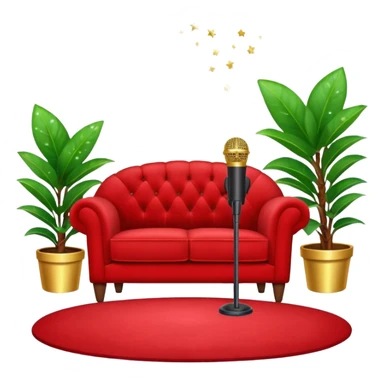 red velvet loveseat with a mic in front, houseplant in back, and sparkles sticker