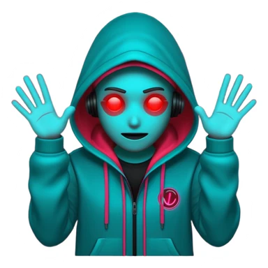 Neon cyberpunk hooded hacker emoji using the exact original palette: crimson red glow, cyan/teal highlights, black shadows. Character shakes head “no” and shows stop hand. Text “NO TO SCAMS” in red neon. Smooth looping animated sticker, transparent background, Discord emoji style. No new colors. sticker