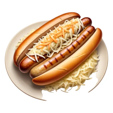 Bratwurst Cinematic Realistic Bratwurst Dish Emoji, depicted as a grilled bratwurst topped with a generous serving of shredded sauerkraut, rendered with rich textures and dynamic, appetizing lighting. sticker