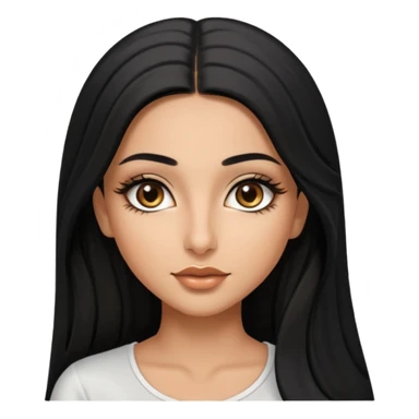 A arabic girl, who has long black styled silk hair, a bit of tan skin but not too tan. almond brown eyes that has black long lashes, small nose and full lips. and a bit of makeup like bronzer. and wearing a white tight top sticker