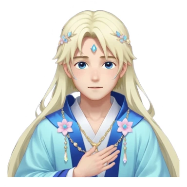 Beautiful gorgeous blushing blue-eyed youthful handsome anime guy with beautiful iridescent-pastel-whitish-special-medium-long-hair, fashion aesthetic, ethereal, fairycore, pastelcore, flower petals, crystals, layered robes, accessories, jewelries, gold, colorful, shiny, trending style, outside sticker