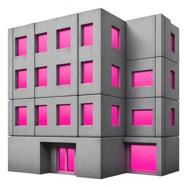 Brutalist gray concrete block building with one neon pink window and several regular windows sticker