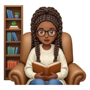  A dark-skinned Black woman with long box braids, wearing glasses, holding an open book, sitting in a cozy chair, wearing a sweater. A dark-skinned Black woman with long box braids, wearing glasses, holding an open book, sitting in a cozy chair, wearing a sweater. sticker