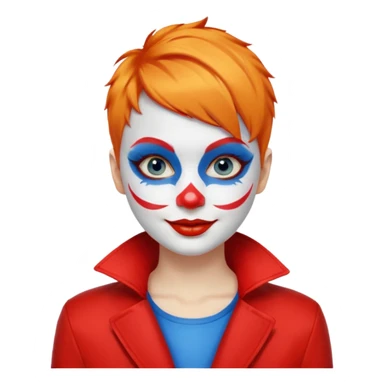 Orange short hair.

White face paint with blue eye makeup and a red nose.

Bright smile with red lips.

Wearing a red jacket over a yellow shirt. sticker