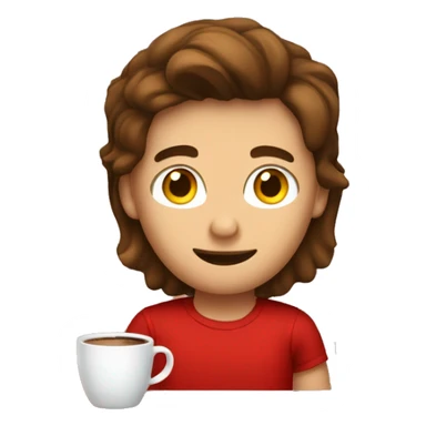 barista boy in a red t-shirt with long brown hair, with a cup of coffee in a hand sticker
