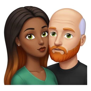 ebony black women with brown eyes and long balayage brown/black hair.  She is kissing bald white man. The White man is 47yrs old, pale, green eyes has orange facial hair and long beard  sticker
