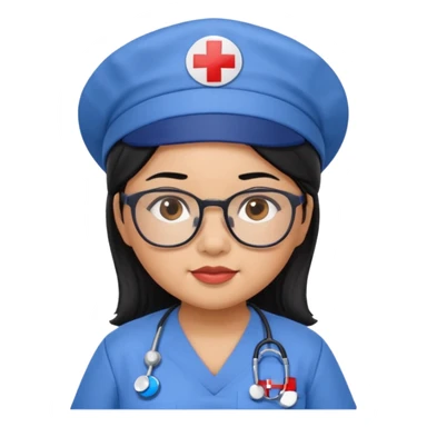 FILIPINA FEMALE NURSE, CHUBBY, BLACK HAIR, WITH GLASSES, BLUE SCRUBS, AND CAP sticker