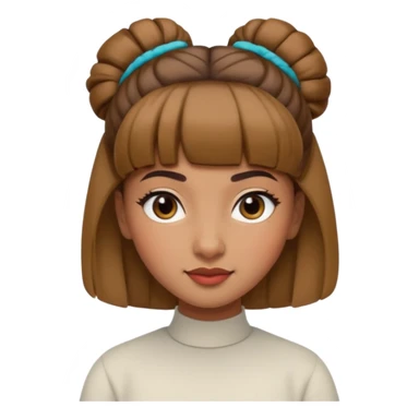 In Apple Memoji format, a girl with bangs and her hair in a bun. The girl has light brown skin and arab ethnic features sticker
