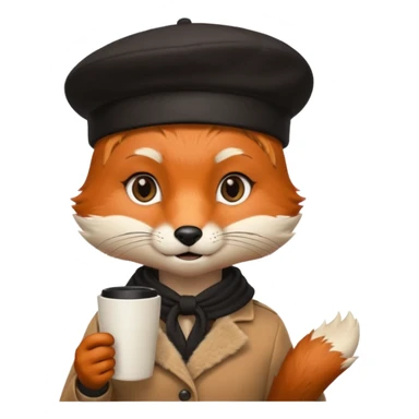 Fox in beret holding coffee cup sticker