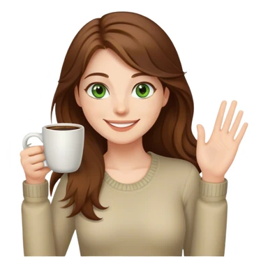 Long, Brown haired girl with green eyes, smiling, waving with one hand, coffee mug in the other sticker