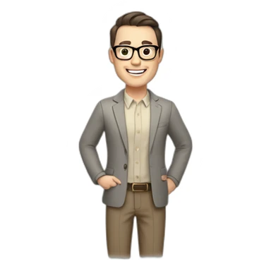 Joyful Full height Pale skinned Fit Man With dark brown hair in gray jacket, beige office shirt, Brown pants and vintage glasses. His thrumbs up sticker