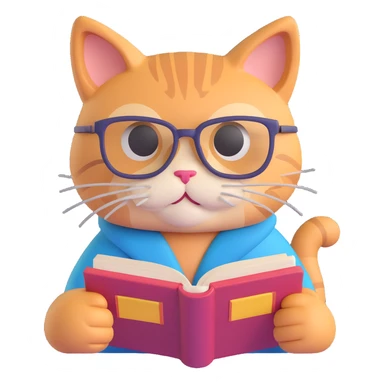 A cat with glasses reading a book, vibrant colors, detailed, playful sticker