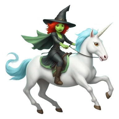 [politically incorrect
	{ female, alien, witch, color: light green, hair:red, eyes:cat} ]
	on a 
	[{ unicorn: white, legged:four, mane: light blue }] sticker