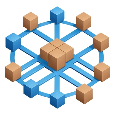 network in a circle form with blue color and realistic brown boxes at intersection points sticker