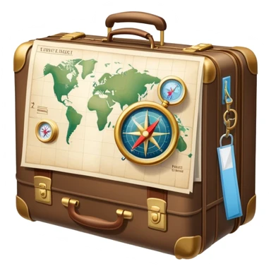 An icon featuring a suitcase, hotel building, symbolizing the scientific study of tourism and hospitality. The design includes a map, a compass, and a checklist, representing travel planning and service management. Transparent background highlights the academic exploration of the tourism industry. sticker
