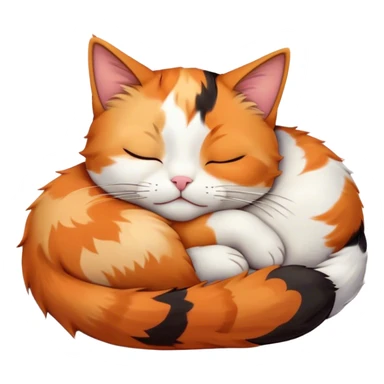 Meme-Worthy Cute Sleeping Calico Cat Portrait Emoji, Head resting peacefully with a content, gentle smile and softly closed eyes, featuring a delicate patchwork fur in vibrant orange, black, and white hues, simplified yet irresistibly endearing, highly detailed, glowing with a soft, drowsy radiance, high shine, exuding relaxed and utterly lovable charm, styled with a gentle, soft glowing outline, capturing the essence of a sleeping calico cat that appears destined to become a viral icon of adorable rest! sticker