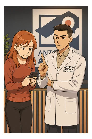 su questo stile fai un manga/webtoon a colori in cui una donna CONTROLLA LO SMARTPHONE MENTRE PARLA CON L'UOMO, l'uomo della foto in stile manga LE DICE DI "NO" CON IL DITO, mantieni un ambiente simile alla foto che ho allegato con il suo logo (sarebbe il suo studio, lui è un kinesiologo), scrivigli "ANTONIO ANANIA" sul camice bianco, non mettere fumetti, ma fai in modo che sembri che la donna CONTROLLI LO SMARTPHONE E L'UOMO CON I GESTI LE FACCIA CAPIRE CHE STA SBAGLIANDO sticker