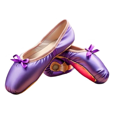 cinematic-realistic-ballet-shoes,-soft-satin-purple-pointe-shoes-with-delicate-ribbons,-resting-gently-on-a-polished-wooden-floor,-subtle-creases-in-the-fabric,-glowing-under-the-warm-golden-light-of-a-rehearsal-studio,-evoking-ele sticker