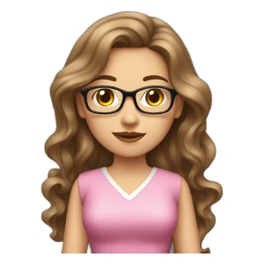 brunette wavy long hair nerd girl, wearing a pink dress, pink mouth sticker