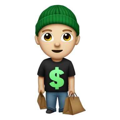 short light hair, large expressive eyes, small neutral mouth, wearing a black beanie, striped t-shirt or sweater, accessorized with a black eye-cutout mask and holding a brown bag with a green dollar sign. sticker