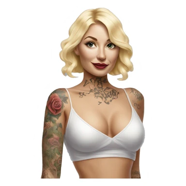 Blonde elegant women, her Body Covered with Tattoos, POINTING YOU with her ONE HAND , Hyper realistic sticker