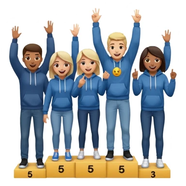 five casually dressed, multi-racial people on a winners’ podium, no numbers, all in jeans and hoodies, excited, fun, expressive emoji style sticker