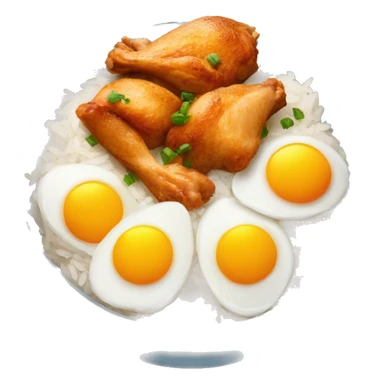 a bowl of rice with two eggs and chicken thigh sticker